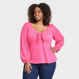 Ava & Viv Pink Women's Long Sleeve Sweetheart Neck Tie-Front Jersey T-Shirt XXL
